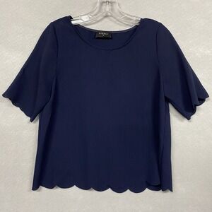 Everly Women Small Blouse Navy Blue Scalloped Trim Minimalist Office 19907
